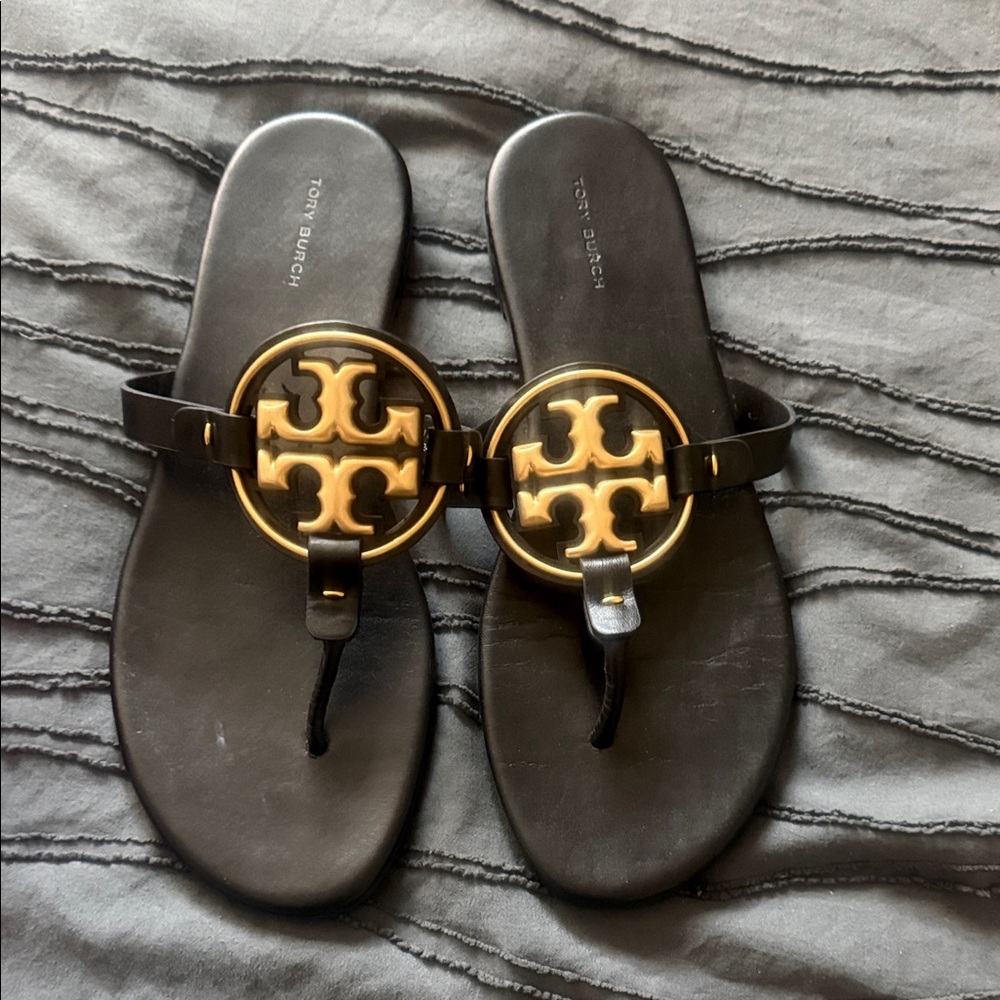 Tory Burch Black miller  Sandals with Gold Logo Medallions